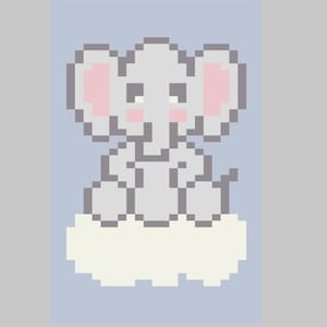 May include: Pixelated illustration of a gray elephant with pink ears and cheeks, sitting on a white cloud against a light blue background. The elephant has a trunk and small tail. The image has a simple, childlike aesthetic.