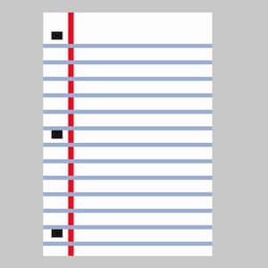 May include: A white sheet of lined paper with a red vertical line down the left side. There are three black dots along the left edge of the paper.