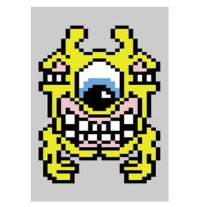 Puede incluir: Una ilustración pixelada de una criatura amarilla con dos caras y un solo ojo grande. La criatura tiene una amplia sonrisa con dientes y está representada en un estilo de dibujos animados.