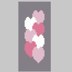 Pode incluir: Um design pixelizado com corações empilhados em tons de rosa e branco sobre um fundo cinza. Os corações estão dispostos verticalmente, criando um padrão. A imagem tem um estilo gráfico simples.