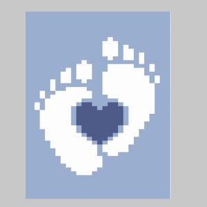 May include: A digital image featuring two white pixelated baby footprints arranged to form a heart shape, set against a light blue backdrop. The heart is a darker shade of blue. The design is simple and graphic.