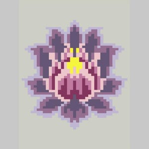 May include: A pixelated lotus flower design in shades of purple, pink, and yellow. The flower is centered on a light gray background. The design has a retro, digital art style.