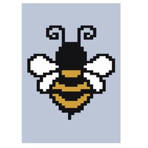 May include: A pixel art illustration of a bee with black and yellow stripes, white wings, and black antennae. The bee is on a light blue background.