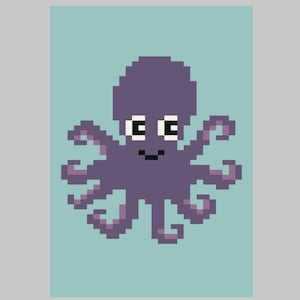 May include: A purple pixelated octopus with white eyes and a smiling mouth. The octopus has eight tentacles and is set against a light blue background.
