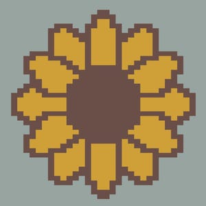 May include: A pixelated sunflower with a brown center and yellow petals.