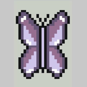 May include: A pixelated butterfly illustration. The butterfly features lavender wings with white highlights and black outlines. The body is black, and the background is a light green-gray.