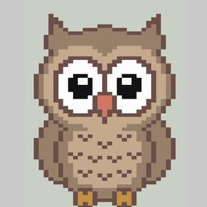 May include: A pixel art illustration of an owl featuring a light brown body, large white eyes with black pupils, a small orange beak, and orange feet. The owl has a rounded head with pointed ears and small V-shaped markings on its chest.
