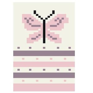 May include: A pink and white striped fabric with a pink butterfly design. The butterfly has black wings and a black body.