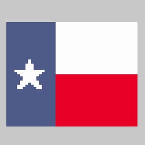 May include: The Texas state flag features a single white star on a blue field, with a horizontal red stripe below a white stripe.