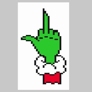 Puede incluir: Un gráfico de pixel art que muestra una mano verde con contorno negro haciendo un gesto de dedo medio. La mano emerge de un puño blanco con forma de nube y una base rectangular roja, todo representado con una estética digital pixelada.