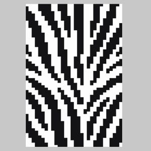 May include: Black and white abstract geometric pattern with a symmetrical design. The pattern is made up of vertical stripes that are arranged in a chevron pattern.