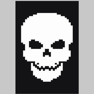 May include: A white pixelated skull with black eyes and a black background.
