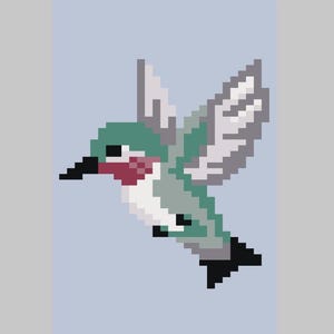 May include: Pixelated illustration of a hummingbird in flight. The bird features a green head, white and gray wings, a red throat, and a black beak and tail. The background is a light blue color.