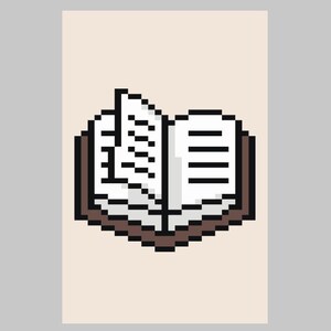 May include: Pixel art image of an open book with white pages and black text. The book has a brown cover and is set against a beige background. The image has a retro video game aesthetic.