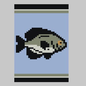 May include: A pixelated illustration of a black, green, and orange fish on a light blue background.