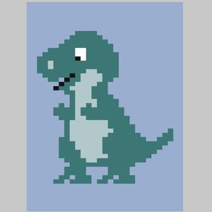 Puede incluir: Un dinosaurio verde pixelado con un ojo blanco, de pie sobre un fondo azul claro.