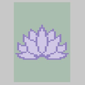 May include: A purple pixel art lotus flower on a light green background.