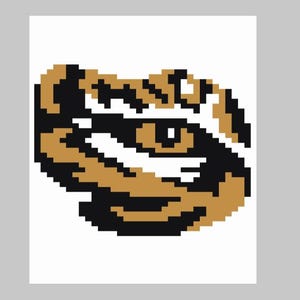 May include: A pixelated image of a tiger's eye with black and gold stripes. The eye is closed and the stripes are arranged in a circular pattern.