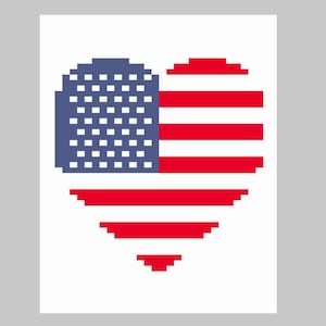 Op de afbeelding: Een pixelhartontwerp met de Amerikaanse vlag. De hartvorm bestaat uit rode en witte strepen en een blauw vierkant met witte sterren, die de Verenigde Staten van Amerika vertegenwoordigen.
