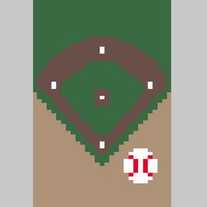 May include: A pixel art graphic featuring a green baseball field with a brown diamond-shaped infield, white bases, and a central pitcher's mound. Below the field, a white baseball with red stitching is depicted in a matching pixelated style.