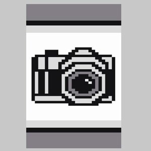 Puede incluir: Una ilustración pixelada en blanco y negro de una cámara.