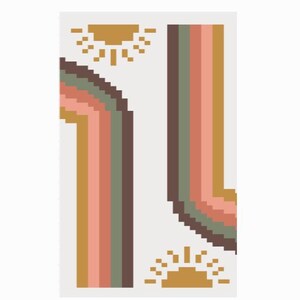 May include: A rectangular graphic print featuring a pixelated design on a white background. Two vertical, multi-colored striped bands in shades of brown, green, and pink are positioned between two pixelated sun icons in mustard yellow.