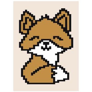 Puede incluir: Ilustración de arte de píxeles de un zorro marrón con detalles blancos. El zorro está sentado con la cola enroscada alrededor de su cuerpo.