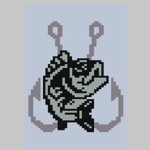 May include: Pixelated illustration of a fish caught on a hook. The fish is gray and black, with a detailed pixel design. The hook is also gray, with a shadow effect. The background is a light blue.