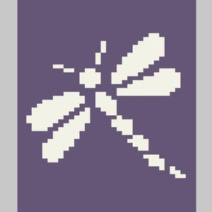 May include: A white dragonfly silhouette against a purple background.