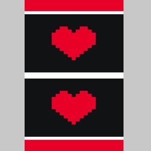 Op de afbeelding: Een zwart-witte afbeelding met twee rode gepixelde harten. De harten zijn gecentreerd op een zwarte achtergrond met een witte rand. De afbeelding is omlijst door een rode en witte rand.