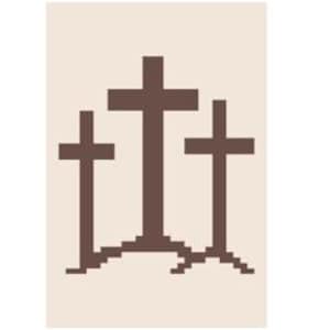 Puede incluir: Tres cruces de madera marrón de pie en una pequeña colina. Las cruces son todas del mismo tamaño y forma, y están dispuestas en fila.