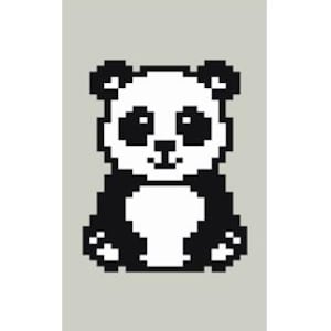 May include: A black and white pixel art illustration of a panda bear sitting down. The panda has a black body with white fur around its eyes and ears.