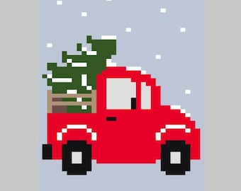 Camión rojo con árbol en la nieve - Patrón de manta para tejer con los dedos / punto grueso