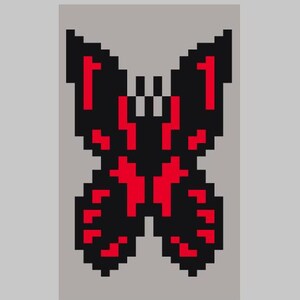 May include: Pixelated butterfly design in black and red on a gray background. The butterfly's wings are symmetrical, with red accents creating a striking contrast against the black body. The design has a retro, digital art aesthetic.