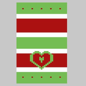 May include: A rectangular graphic design featuring horizontal stripes in alternating shades of lime green, white, and deep red. The design includes a pixelated lime green heart outline centered on a red stripe and small red square accents on the green borders.