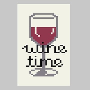 May include: A pixelated illustration of a glass of red wine with the text "wine time" underneath.