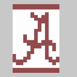 May include: A rectangular graphic with a white background and a maroon-colored letter "A" in a pixelated design. The top and bottom edges of the rectangle are also maroon.