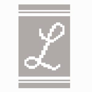 Peut inclure: Un motif rectangulaire gris avec un "L" blanc en écriture cursive pixelisée au centre. Le design est encadré par deux bandes horizontales blanches en haut et en bas, créant une esthétique simple et moderne.
