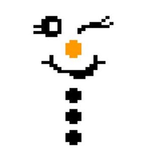 May include: A pixel art snowman with a black hat, orange nose, and black eyes. One eye is winking. The snowman has a black smile and a black button nose.
