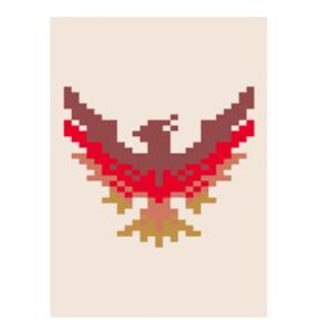 May include: A pixelated image of a red, brown and gold eagle with its wings spread wide.