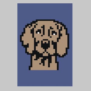 May include: A pixelated illustration of a brown dog with black eyes and a black nose. The dog is looking directly at the viewer.