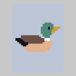 Puede incluir: Una ilustración pixelada de un pato marrón y verde con un pico naranja, sobre un fondo azul claro.