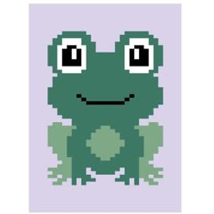 May include: A pixelated green frog with black eyes and a white mouth. The frog is sitting on a light purple background.