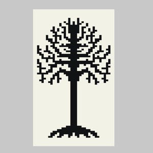 May include: A black pixelated tree design against an off-white background. The tree has a thick trunk, a full canopy of branches, and roots at the base. The artwork is a simple, graphic representation of a tree.
