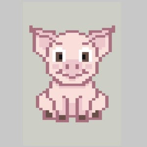 May include: A pixelated illustration of a pink pig sitting with its legs crossed. The pig has brown eyes and a pink snout.