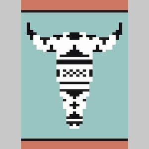 May include: A rectangular wall art print featuring a pixelated white bull skull with black geometric patterns. The skull is centered on a light blue background, framed by horizontal black lines and solid coral-colored bands at the top and bottom.