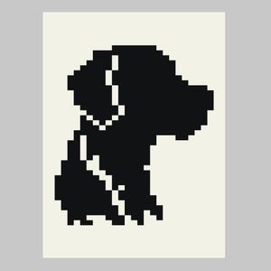 May include: A pixelated black silhouette of a dog sitting, facing right, on a cream-colored background. The dog's features are defined by the blocky pixel art style, with a collar visible around its neck. The artwork is set against a light gray backdrop.