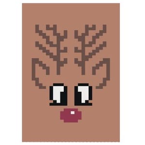 May include: A pixelated illustration of a reindeer face with brown antlers, white eyes, black pupils, and a pink nose.