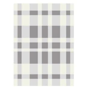 May include: A white and gray plaid fabric with a subtle sheen. The fabric has a woven texture and a soft, comfortable feel.