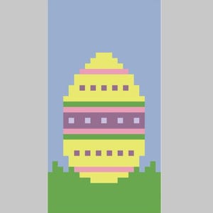 May include: Pixelated Easter egg design in yellow, pink, and purple, set against a light blue background. The egg is decorated with horizontal stripes and square accents, resting on a green grassy base. A festive, digital illustration.